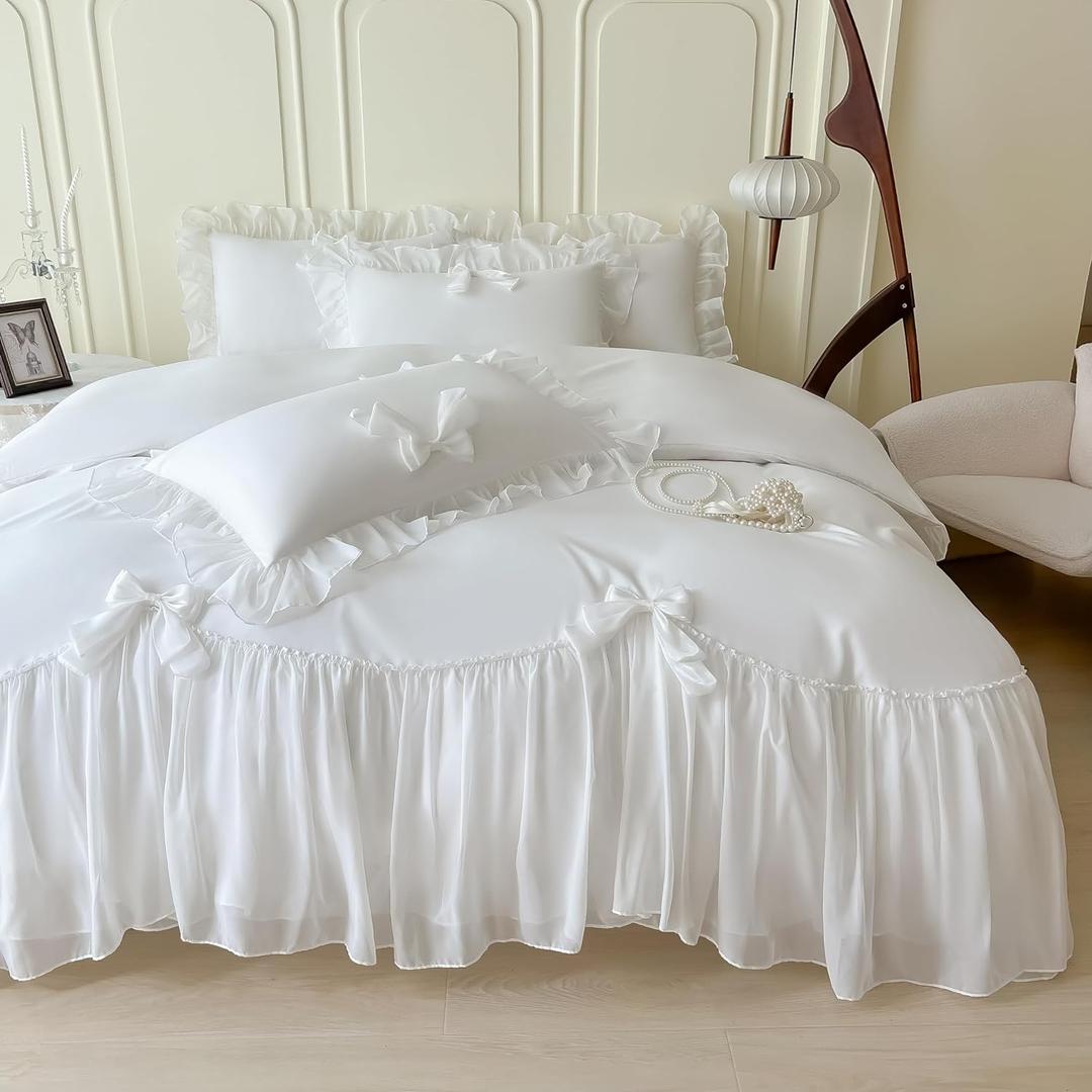 Girls Lace Bedding,Full Comforter Cover Set, Chic Ruffled Duvet Cover with Lovely Bow,Princess Style 1 Duvet Cover with 2 Pillowcases, No Comforter-White,Full Size