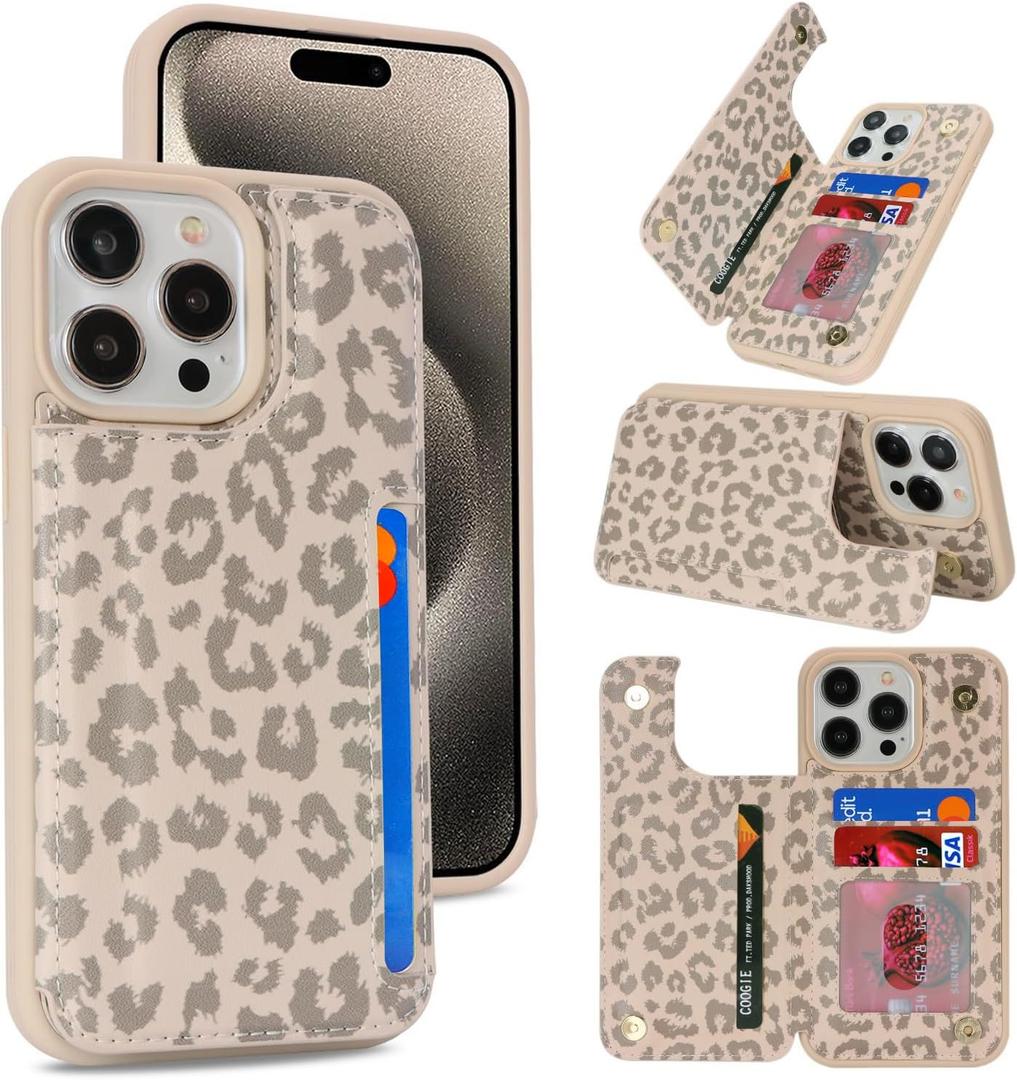 iCoverCase Compatible with iPhone 15 Pro Max Wallet Phone Case with Card Holder for Women Men, [RFID Blocking] Card Slots PU Leather Protective Wallet Case 6.7 Inch (Beige Leopard)