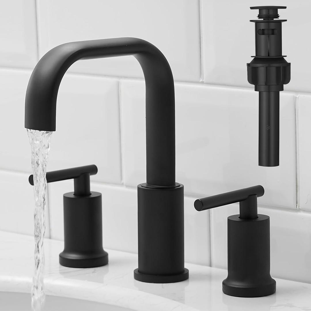 Matte Black Bathroom Faucet 8 Inch Widespread Bathroom Faucet, Bathroom Faucet for Sink 3 Hole, Waterfall Bathroom Faucet Two Handle Vanity Faucet with Pop-up Drain and cUPC Supply Lines