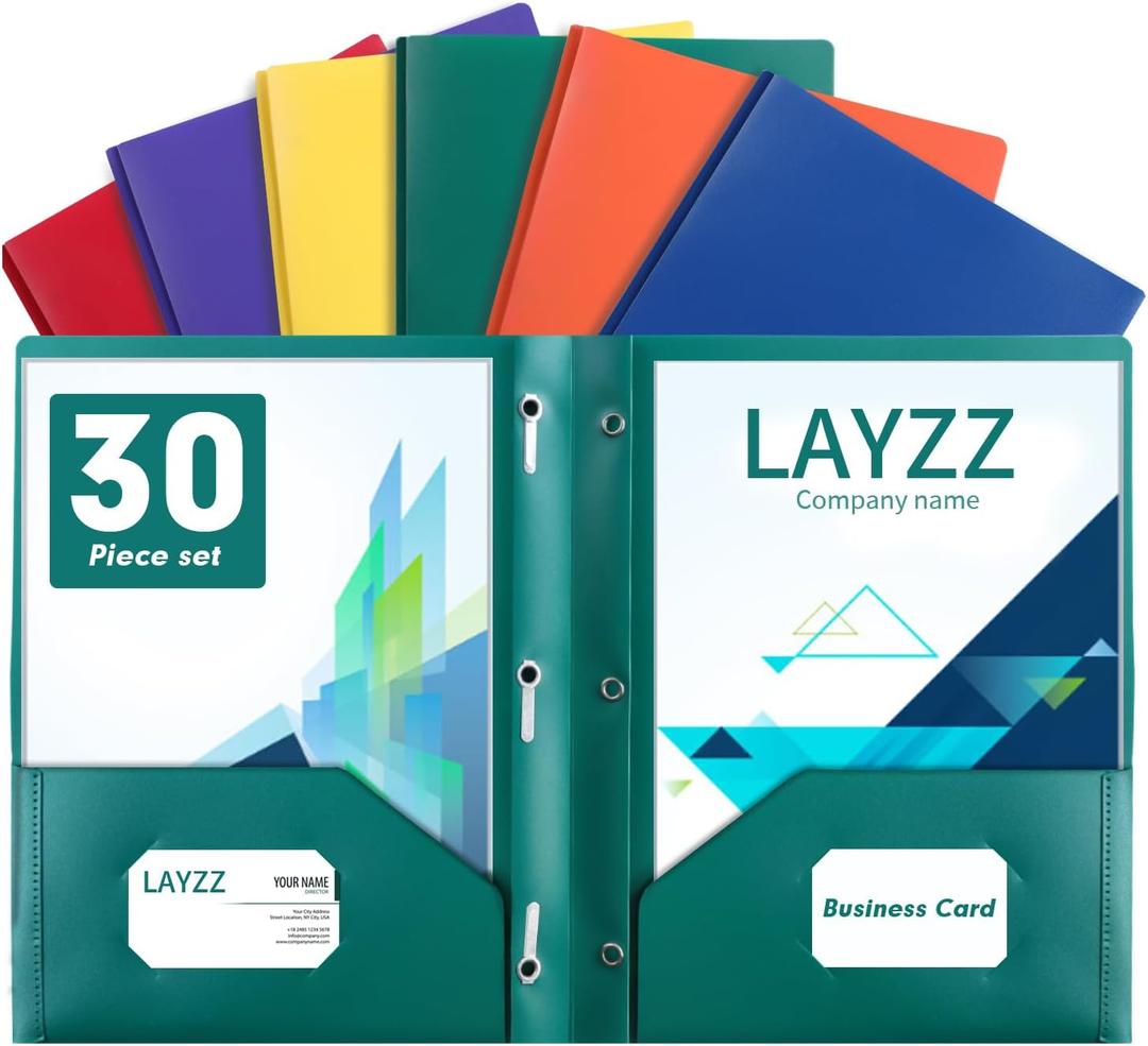 Plastic Two Pocket Folders with Prongs, LAYZZ 30 Pack Heavyweight Letter Size Plastic Folders with Pockets and Prongs, Poly Plastic Folders for Office & School (6 Colors)