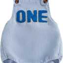 Honganda Baby Boy First Birthday Outfit Sleeveless Corduroy Overalls Letter One Cake Smash Romper for 1st Birthday Party (12-18 Months, Blue)