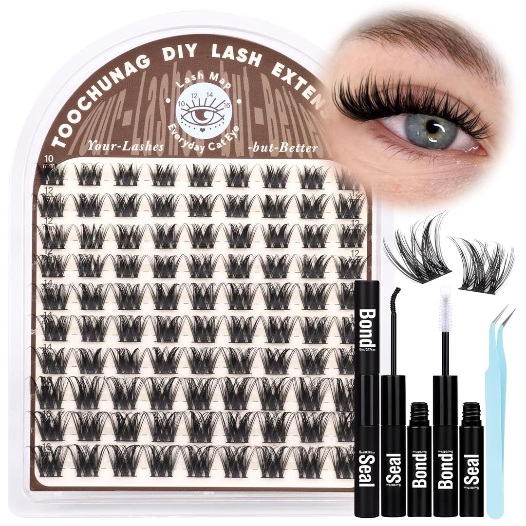 TOOCHUNAG Lash Extension Kit Wispy Lash Clusters Kit Thin Band Cluster Eyelash Extensions Kit Natural Individual Eyelashes Kit DIY Cluster Lashes with Lash Bond and Seal and Tweezers (10-16mm-D)