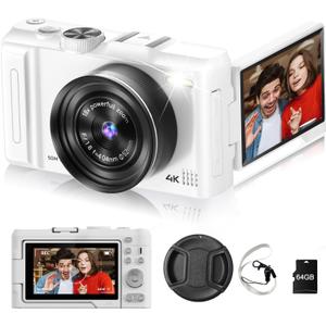 Digital Camera 4K for Photography, 50MP Vlogging Camera for YouTube Video with Flash and 3" 180 Flip Screen, 18X Digital Zoom Compact Travel Cameras with 64GB TF Card for Teens Beginner (White)