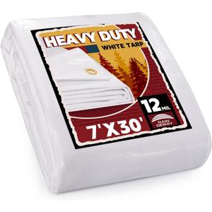 12 Mil Heavy Duty White Tarps 7' X 30', Extra Thick, Durable, Waterproof, UV Resistant, Weatherproof Poly Tarp, with Metal Grommets and Reinforced Edge -by Raindeway