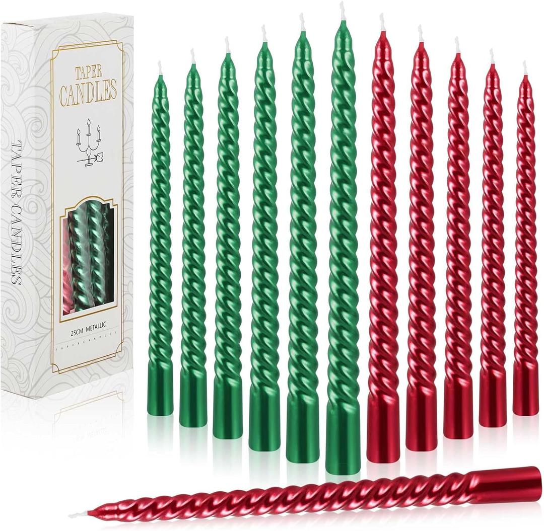 MTLEE 12 Pcs 10 Inch Christmas Spiral Taper Candles Red Green Dripless Twisted Wax Candles, Long Tapered Candles Unscented Candle Sticks for Xmas Home Party Dinner Dining Table Wedding Supplies