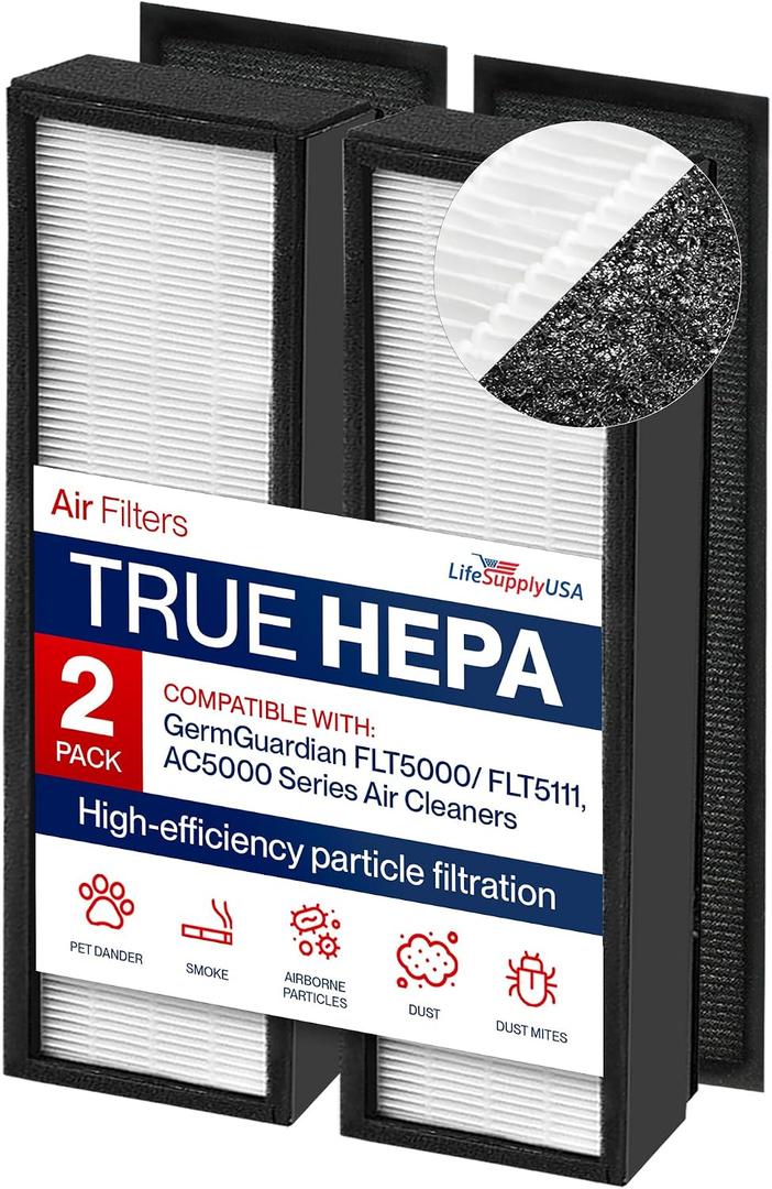 FLT5000/FLT5111 Filter C Replacement Compatible with GermGuardian AC5000 Series Air Purifiers HEPA + Carbon Pre-Filter Set by LifeSupplyUSA (2-Pack)