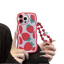 Compatible with iPhone 13 Case, strawberryl Pattern Wavy TPU Soft Case[with Beads Wrist Strap Bracelet Chain and Glitter Cardstock] for Women and Cute Girly-Red