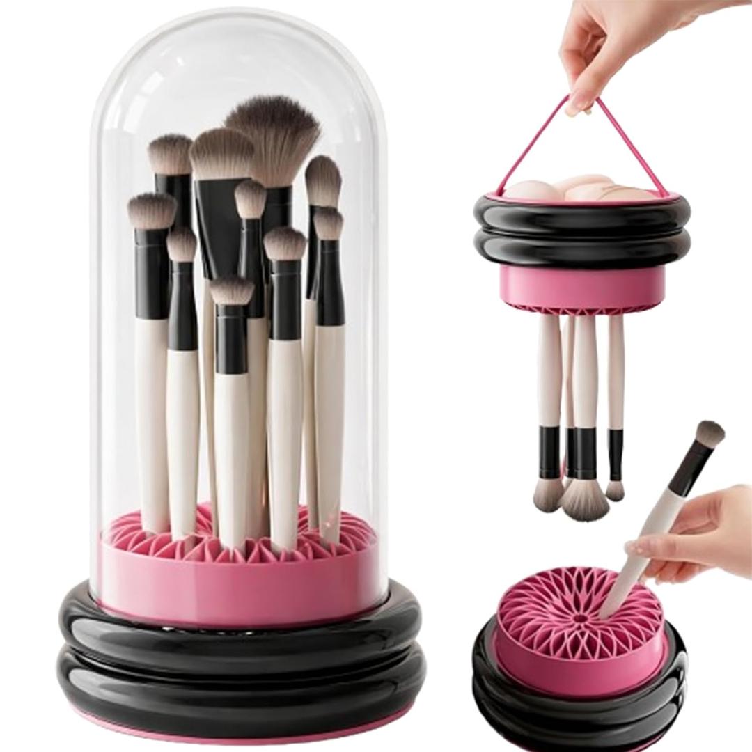 Makeup Brush Holder Cleaner, 3 in 1 Silicone Makeup Brush Cleaning Bowl with Drying Rack, Detachable Brush Organizer for Brushes, Sponges & Puffs, Black and Pink