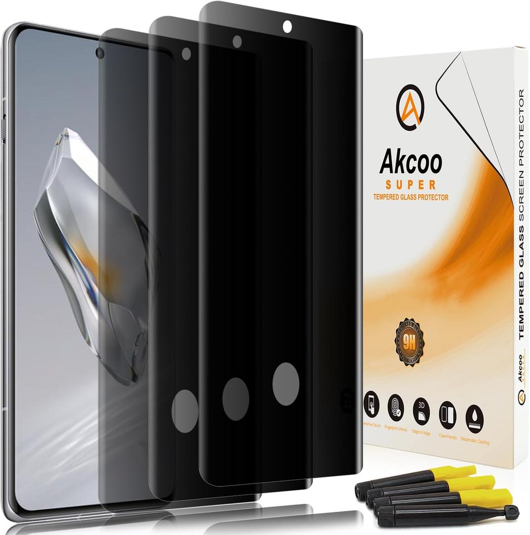 Akcoo Privacy Screen Protector for OnePlus 12, Tempered Glass UV Set - 3 Pack, Anti Spy, 9H Hardness Scratch Resistant, Fingerprint-ID Compatible, Sensitive Touch