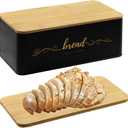 Bread Box with Bamboo Cutting Board Lid, Metal Bread Box for Kitchen Counter, Small Bread Storage Container, Black Bread bin for Kitchen Countertop