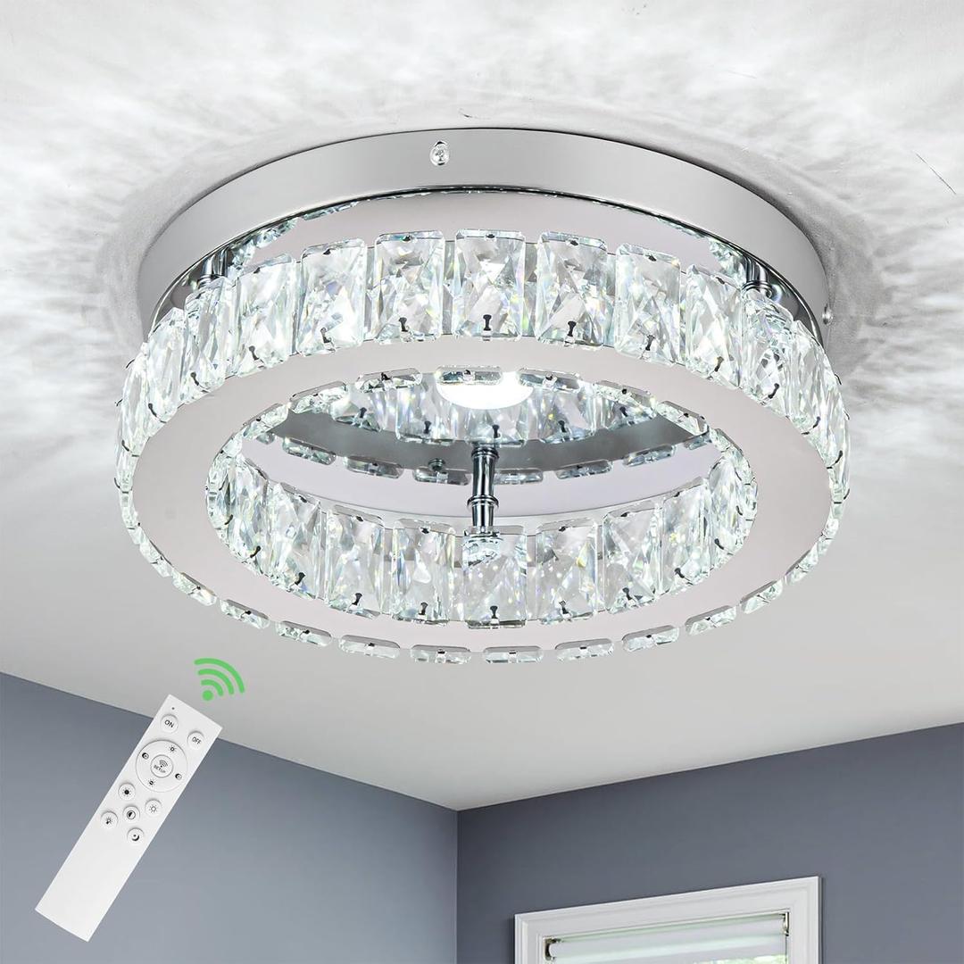 HOPGGIE 12 Inch Crystal Chandeliers LED Ceiling Light Flush Mount Ceiling Light Fixtures Modern Chandelier Light for Kitchen Closet Hallway Bedroom Foyer Laundry Room (Dimmable)