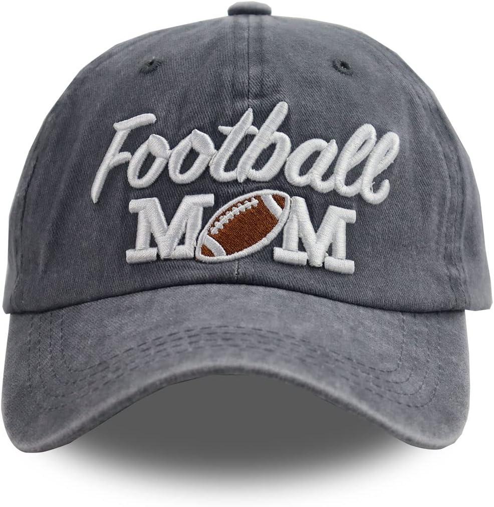Distressed Football Mom Baseball Cap for Women, Adjustable Washed Embroidered Sun Hat for Mama (Gray)