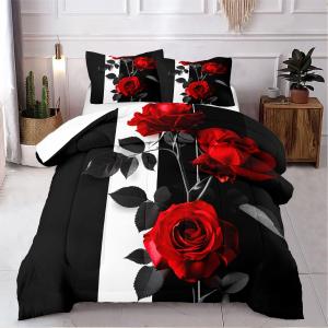Rose Comforter Set King Black Red Bedding Set Striped Floral Bedding for Women Aesthetic Comforter with 2 Pillowcases, Ultra Soft Lightweight 3Pieces (King(104" x 90"))