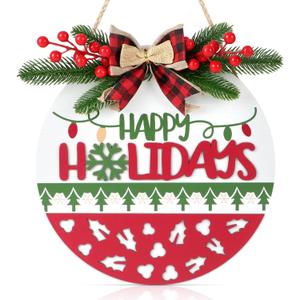 TOARTi Happy Holidays Christmas Front Door Wreath Haing(12x12 inches), Rustic Winter Welcome Wall Sign Plaque, Merry Christmas Porch Framhouse Decoration for Housewarming Christmas Winter Gift