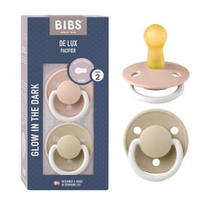 BIBS Pacifiers - De Lux Collection | BPA-Free Baby Pacifier | Made in Denmark | Set of 2 Blush Night/Vanilla Night Color Premium Soothers | Size 6-18 Months | Natural Rubber | Size 2 | BPA-Free | Made in Denmark | Glow Handle | High Nipple Acceptance | Airflow Holes