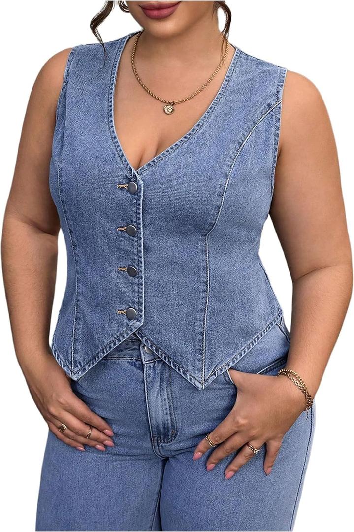 Floerns Women's Plus Size Sleeveless Vest Denim Jacket Button Front V Neck Waistcoat (XX-Large Plus, Blue)