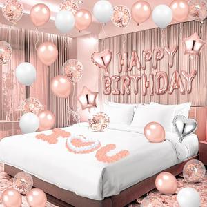 Pink Birthday Balloons Decorations Rose Gold Birthday Balloon Letters Banner with 6 Pcs Star Balloons Pink Artificial Rose Petals 24 Flameless LED Candles for Room Bday Party Decorations Supplies