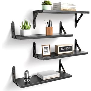ROMGUAR CRAFT Wood Floating Shelves Set of 4, Rustic Storage Decor Wall Shelves, Wall Mounted Shelf for Living Room, Bedroom 17" x 6", Black