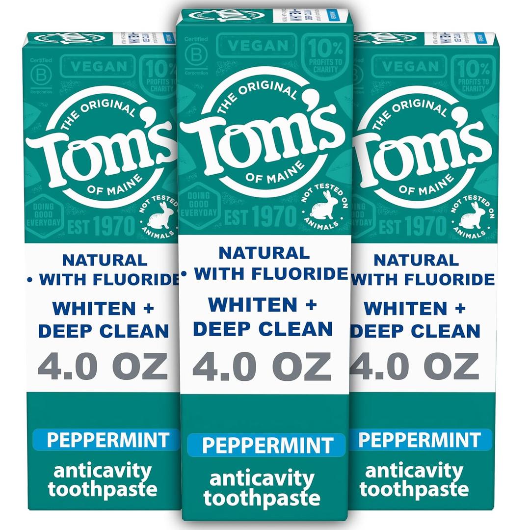 Tom's of Maine Whiten Plus Deep Clean Whitening Toothpaste, Natural Whitening Toothpaste with Plant-Based Cleansers, Enamel Safe, Whitens Without Causing Sensitivity, Peppermint, 4.0 oz (Pack of 3)