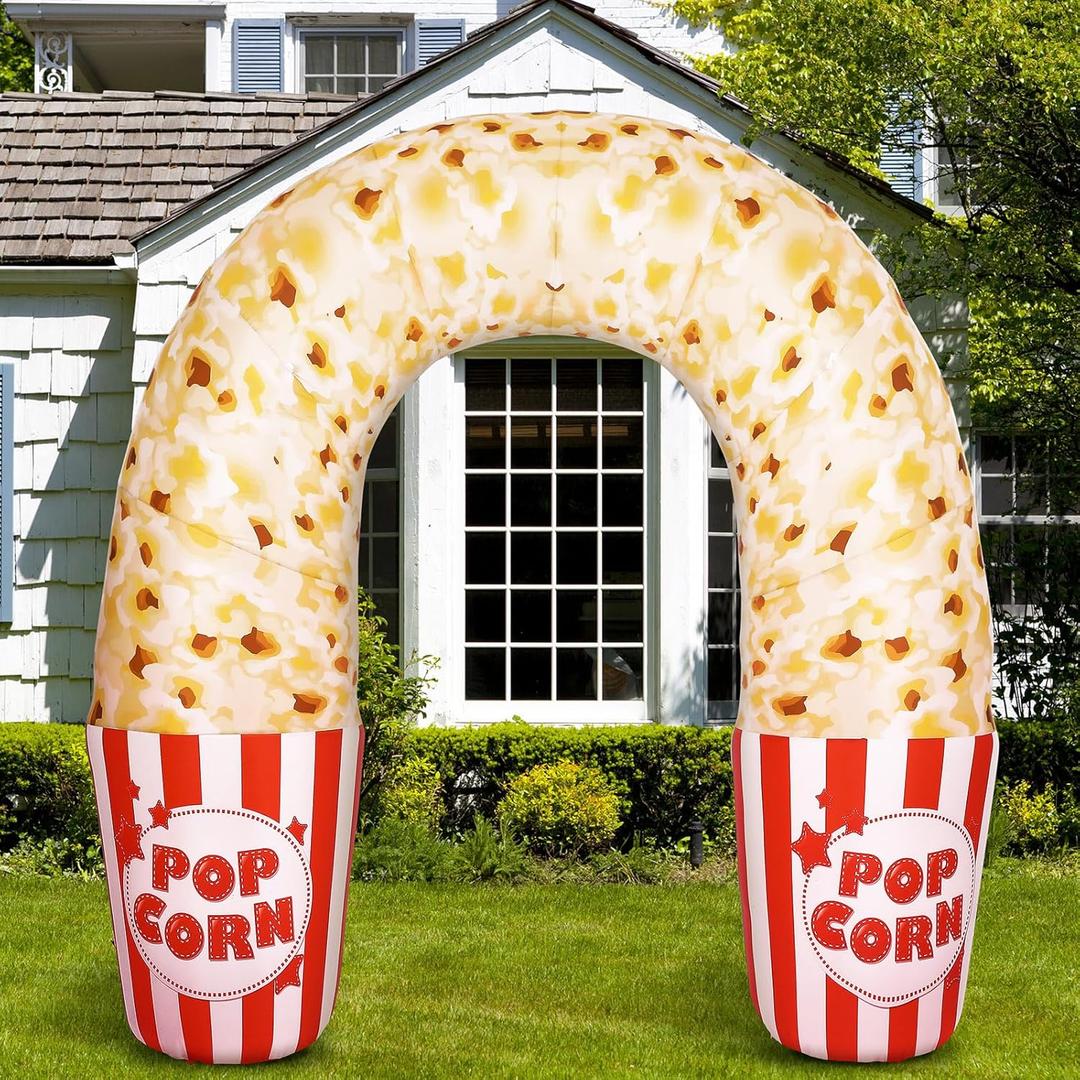 7 ft Giant Popcorn Arch Box Carnival Party Decorations Popcorn Inflatables Arch Stand up with Balloons Movie Night 3D Box Carnival Yellow White Decorations for Movie Night Themed Party