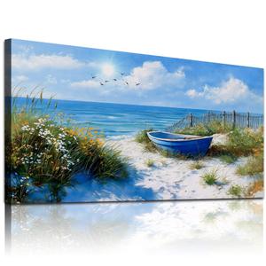 WLWBINTING Beach Wall Art For Bedroom Large Nature Canvas Wall Decor For Living Room Blue Ocean Room Decor Pictures Seascape Wall Art Boat Landscape Painting Modern Office Home Decor Artwork