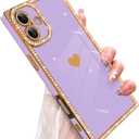 for iPhone 16 Case Cute Love Heart Plating for Women, with Screen Protector, Glitter Sparkle Rhinestone Diamond Border Design Slim Rectangle Wireless Protection Case Cover, Purple