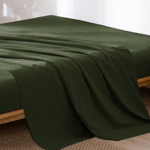 MooMee Flat Top Sheet Only 100% Washed Cotton Linen Like Textured Breathable Durable Soft Comfy (Olive Green, Queen)