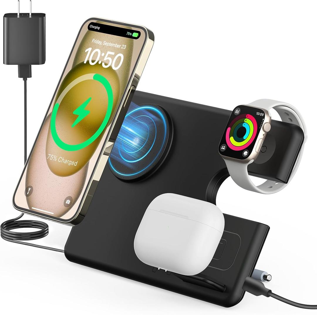 Wireless Charger for Mag-Safe Charging Station: JoyGeek 3 in 1 Magnetic Travel Stand Charge for iPhone 15 14 13 12 Pro Max Plus - Apple Watch 9 8 7 6 5 4 3 2 SE - AirPods Pro 2/3