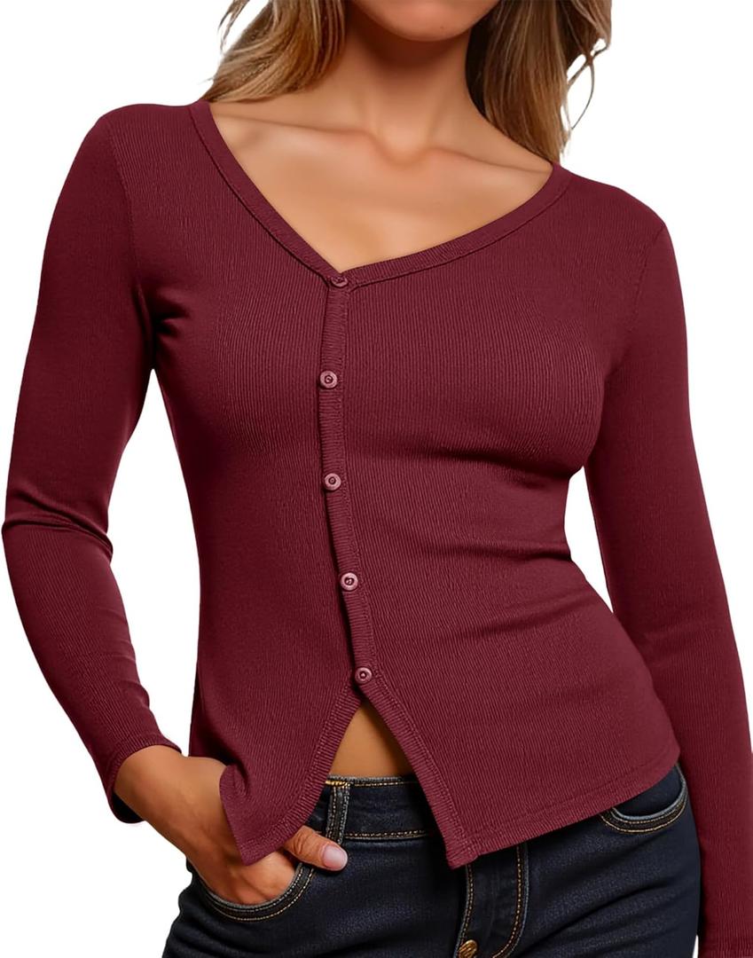 Yousify Long Sleeve Shirts for Women 2025 Fall V Neck Button Up Long Sleeve Ribbed Knit Slim Fit Going Out Tops (Large, Burgundy)