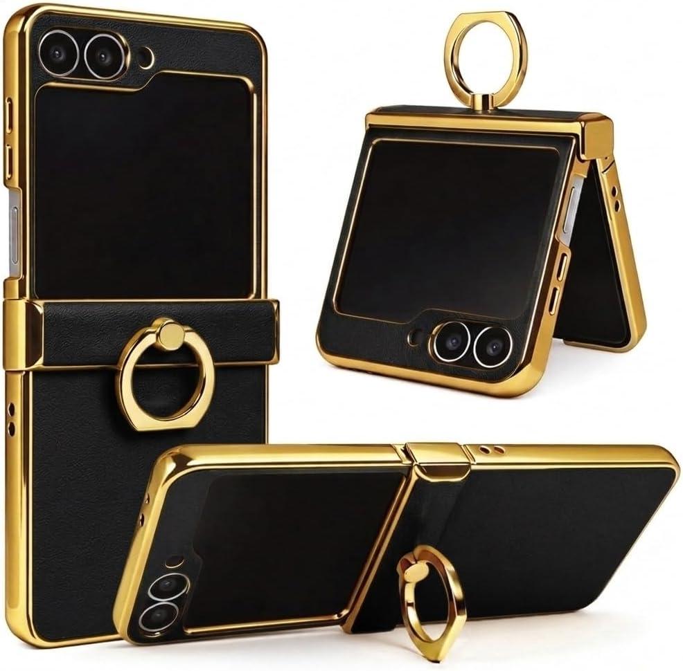 Genuine Leather Case for Samsung Galaxy Z Flip, Military-Grade Drop Protection, Hinge Protection Cover with Ring Kickstand, Gold Trim (Black, Z Flip5)