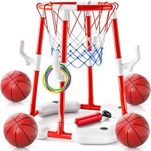 Pool Basketball Hoop Toys for Kids Ages 4-8 8-12 & Adult, Summer Outdoor Swimming Pool Games Water Play Toys Family Party for Kids, 2 in1 Pool Basketball Hoop & Ring Game with 4 Balls 12 Rings & Pump