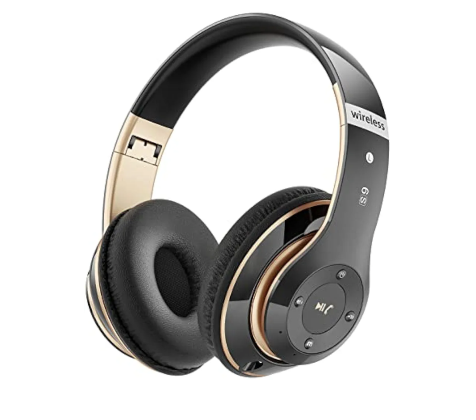 Bluetooth Headphones Over Ear, 6S Wireless Headphones Wired with 6 EQ Modes, 40 Hours Playtime Foldable HiFi Stereo Headset with Microphone, FM/TF for Cellphone/PC/Work (Black & Gold)