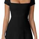 QINSEN Womens Square Neck Tennis Dress Short Sleeve Built in Shorts Golf Athletic Dress with Pockets (Medium, Black)