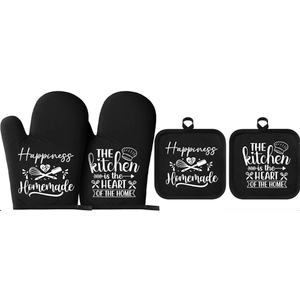Sratte 4 Pcs Kitchen Decor Accessories Set Farmhouse Towels Pot Holders Oven Mitts Set 2 Potholders 2 Cooking Mittens Oven Glove for Baking Cooking Supply(Black,Kitchen)