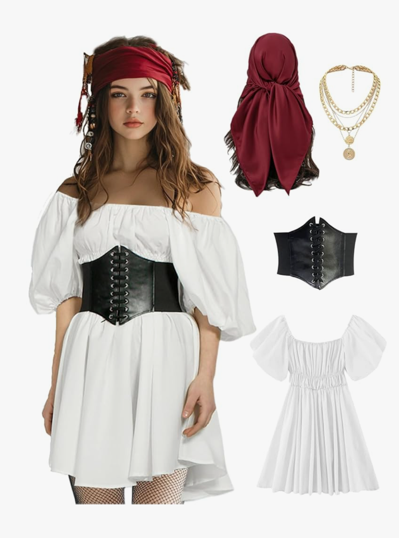 kasahara Womens Pirate Costume Outfit Sexy White Pirate Dress with Corset Necklace Bandana Headscarf Accessories 4pcs (No Size)