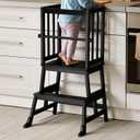 COSYLAND Kids Kitchen Step Stool Helper Baby and Toddler Multi-Function Step up Nursery Helper Stand with Safety Rail in Natural Bamboo, Strong and Lightweight 1.5-3 Years (Black)