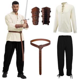 Men's Renaissance Costume Halloween Medieval Pirate Shirt Ankle Banded Pants Viking Belt Accessories (Black, L)