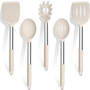 TeamFar Cooking Utensils Set, 5 PCS Silicone Kitchen Utensils with Stainless Steel Handle for Nonstick Cookware Turning Flipping Frying Draining, Heatproof & Healthy, Nonstick & Easy Clean, Khaki (Khaki)