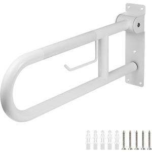 Handicap Grab Bar, 23.6 Inch Stainless Steel Toilet Safety Rails, White Disabled Flip-Up Bathroom Grab Bars with Paper Holder, Anti-Slip Toilet Handrails Hand Grips Grab Bars for Elderly