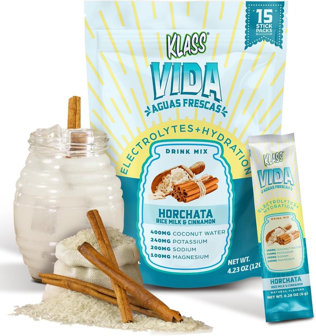 KLASS VIDA Daily Hydration | Horchata Electrolytes | 15 Sticks | Coconut water and minerals support everyday hydration, refreshing horchata flavor, vegan formula (EXP 11/12/26)
