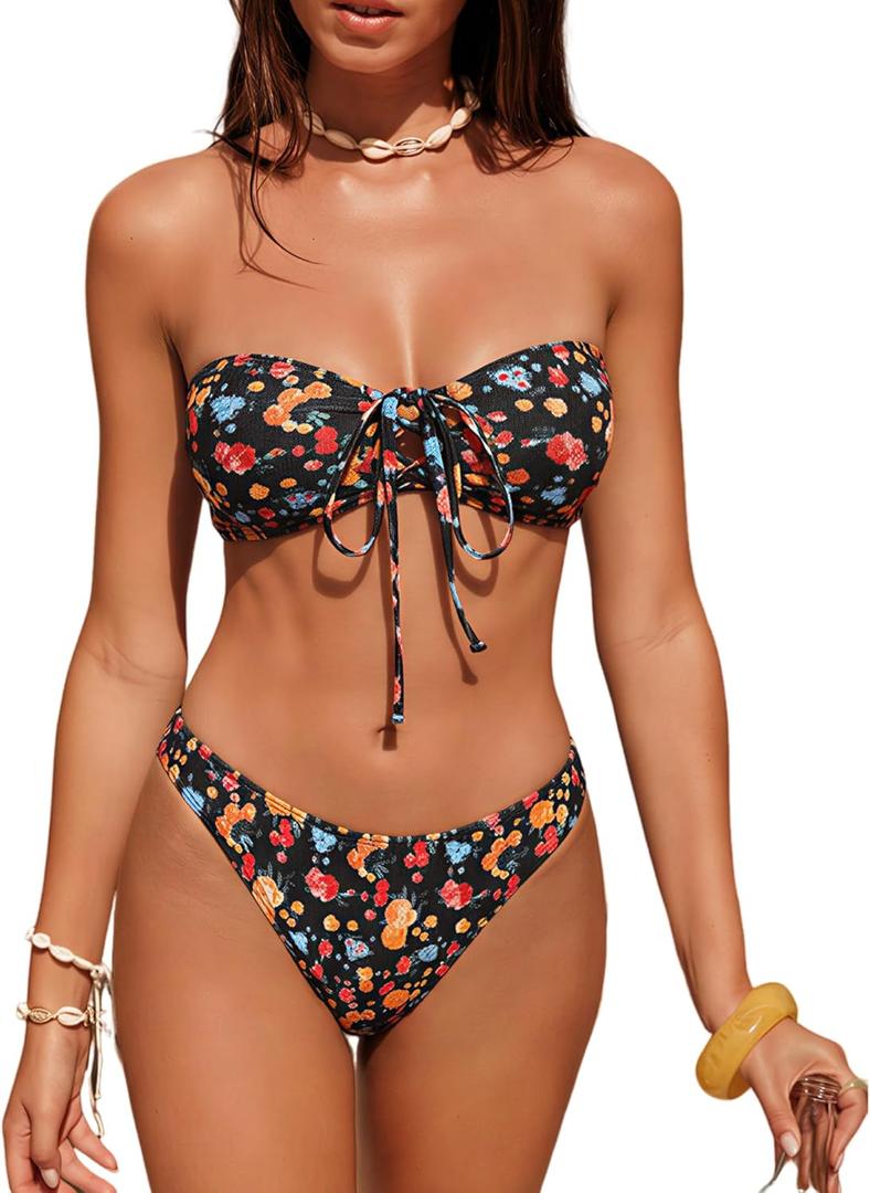 ZAFUL Womens Bandeau Tie Front Floral Ribbed Bikini Set Strapless Two Piece Swimsuit for Beach Vacation Summer Swimwear (Medium, A02 Black)