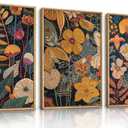 FWIEXA Burnt Orange Floral Framed Wall Art Set of 3, Large Mid Century Modern Flower Canvas Wall Prints, Boho Botanical Wall Decor, 24x36 Inches Neutral Plant Painting for Living Room, Bedroom, Office