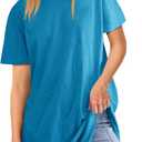 Fisoew Womens Oversized T Shirts Short Sleeve Tunic Tops Crew Neck T-Shirts Summer Casual Loose Fit Basic Tee (Blue, L)