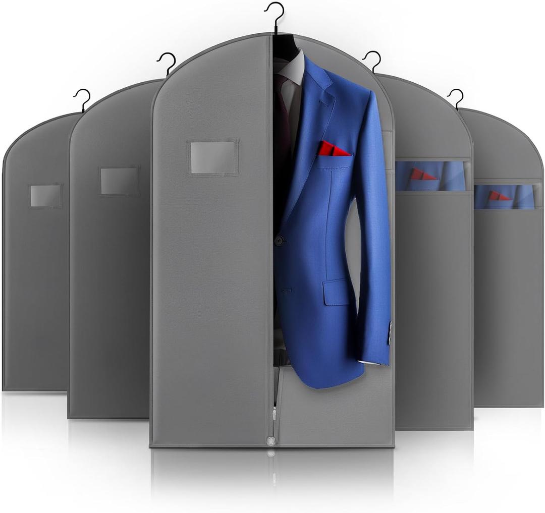 5 Pack 40-inch Suit Bag Garment Bag for Travel and Storage, Garment Bags for Hanging Clothes with Zipper and Visible Transparent Window, Gray