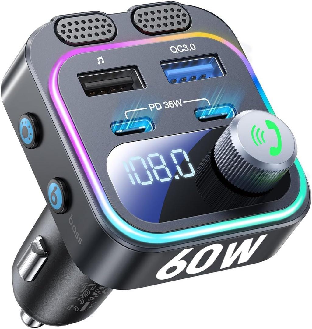 60W Bluetooth 5.4 FM Transmitter Car Adapter [Reinforced Dual Mics & Deep Bass] [Dual PD 60W & QC3.0] Fast Charging Handsfree Calling Wireless Radio Bluetooth Transmitter for Car [Black]
