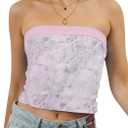 TERIVEEK Women Strapless Reversible Foldover Tube Top Y2K Floral Print Graphic Crop Bandeau Tops Sleeveless Slim Fit Shirt (Pink, L)