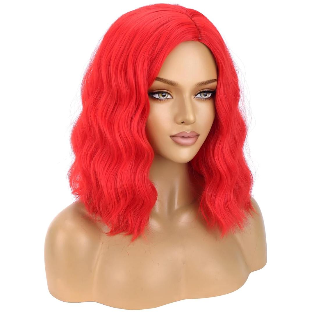 BERON Red Wigs for Womens Short Curly Wavy Hair Wig Girls Red Colored 14" Shoulder Length Synthetic Costume Cosplay Party Halloween or Daily Use Wigs Wig Cap Included