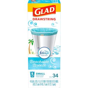 Glad OdorShield Small Drawstring Trash Bags - Febreze Beachside Breeze - 4 Gallon, 34 Count