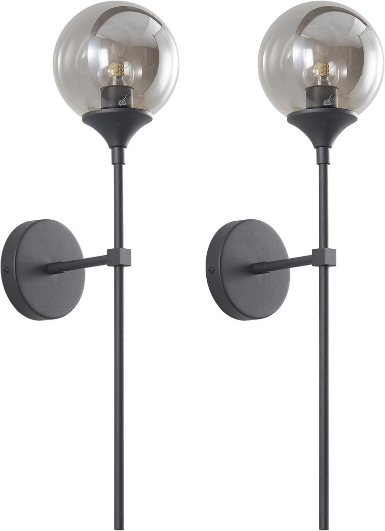 KCO Lighting 1-Light Matte Black Mid Century Wall Sconce Set of Two Modern Bathroom Vanity Globe Wall Light Set of 2 Vintage Smoke Gray Glass Wall Bedroom Wall Lamp