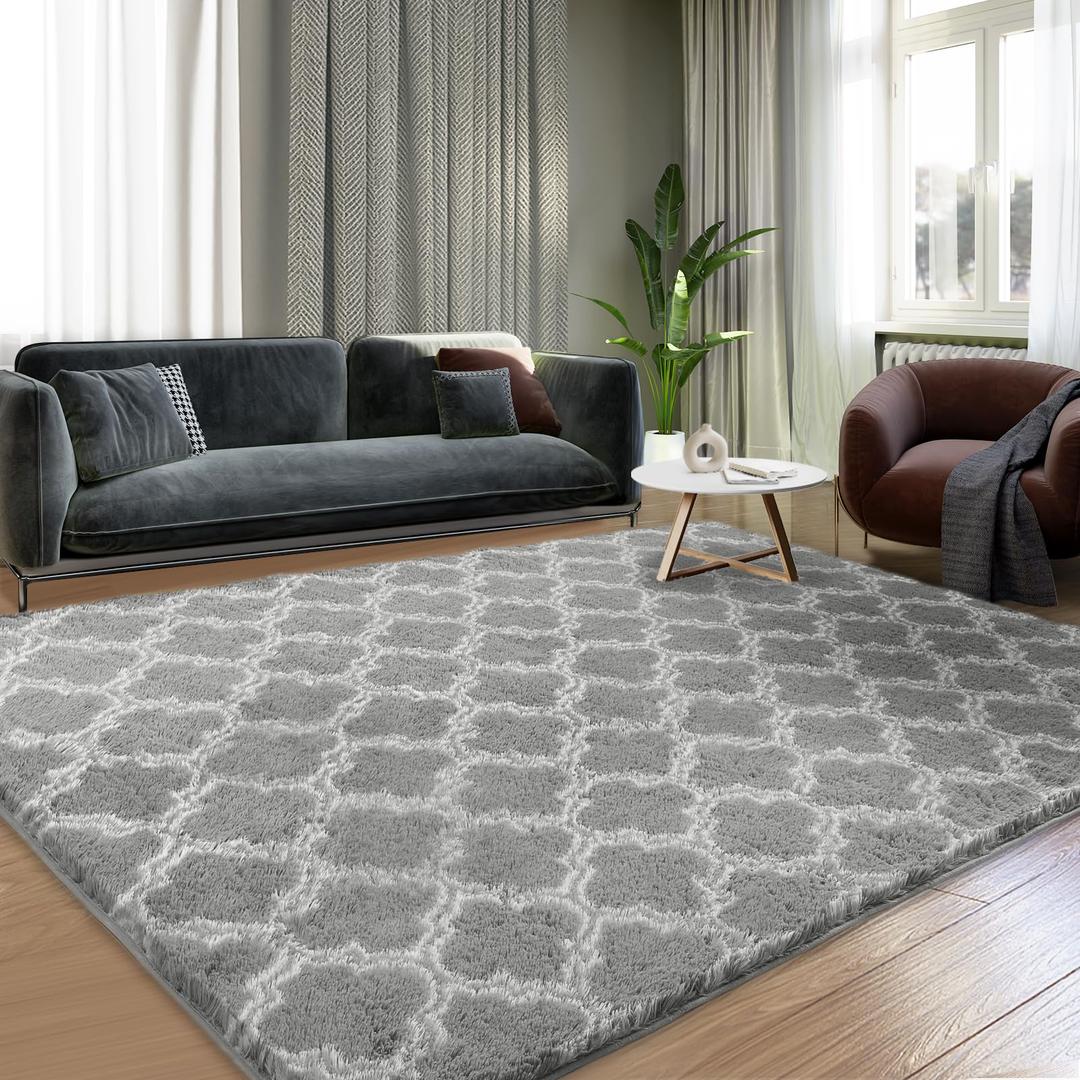 Puremy Shag Area Rug 5x7 Feet Extra Soft Rugs for Living Room, High Pile Indoor Carpet for Bedroom, Kids Room, Nursery, Home Decor, Geometric, Light Grey/White